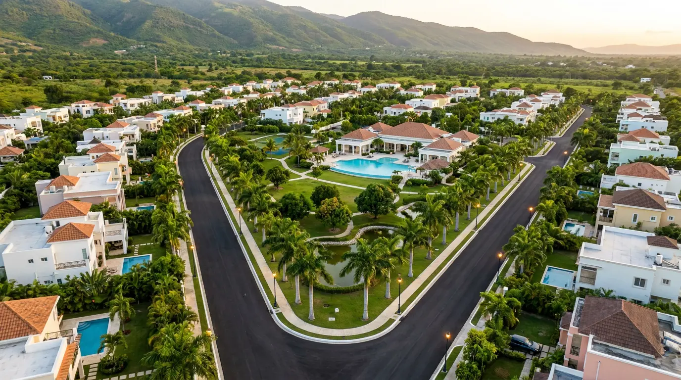 Vue aérienne de Morin-Vert : rues asphaltées bordées de palmiers, villas, club house avec piscine et parc central