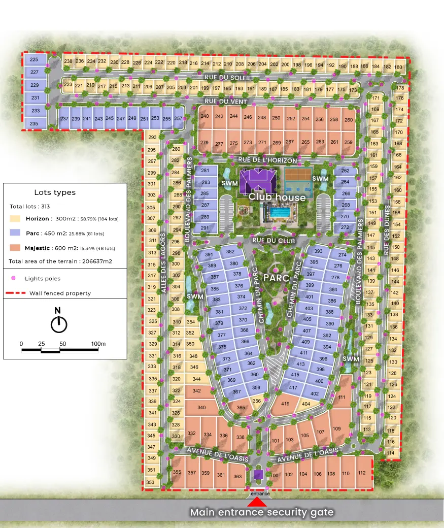 Plan de masse de Morin-Vert : 313 lots Horizon, Parc et Majestic répartis autour du club house et du parc central, avec l'entrée principale au sud